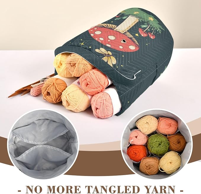 Fustylead Cute Frog and Red Mushroom Butterfly Knitting Crochet Bag, Portable Large Yarn Storage Drawstring Basket Organizer for Crocheting Hooks, Project, Store Skein Ball, Short Knitting Needle