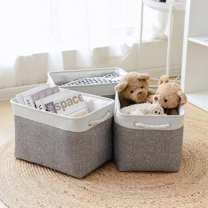Organization and Storage Basket for Organizing - 3 Pack 16x12x12 inch Cube Storage Bin Fabric Storage Cubes for Organizer Cloth Gift Toy Closet (White & Grey)