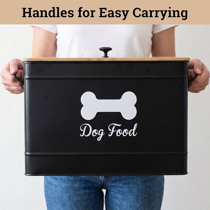 Metal Dog Food Container 15-20 lbs w/ Airtight Bamboo Lid, 70 Cup Capacity | Pet Jar For Dogs up to 100lbs, Airtight Bamboo Lid, Sturdy Comfortable Metal Handle, Powder Coated Iron, Kibble Storage Bin