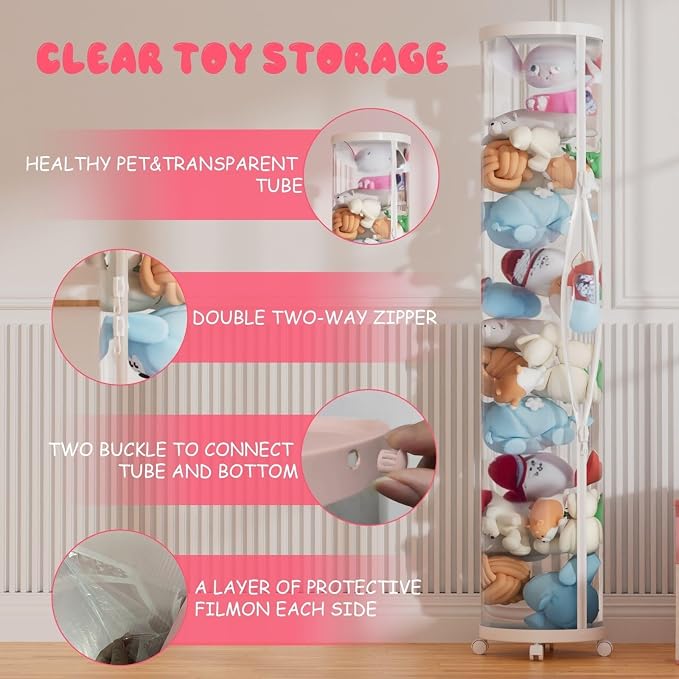 Stuff Animal Organizer,Stuffed Animal Zoo Storage,Stuffed Animal Storage Tube, PET Transparent Bucket with Zipper for Kids Toy Organizer Toy Storage Box with Lid (White)