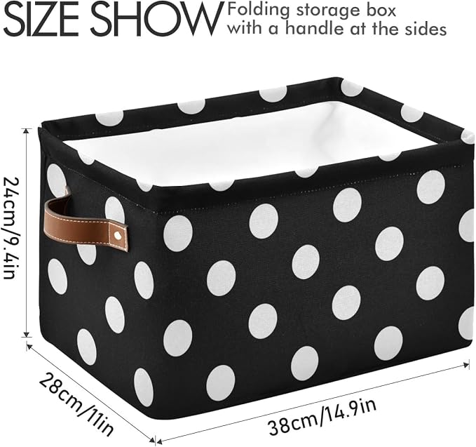 susiyo Large Foldable Storage Bin Black White Polka Dot Fabric Storage Baskets Collapsible Decorative Baskets Organizing Basket Bin with PU Handles for Shelves Home Closet Bedroom Living Room-2Pack