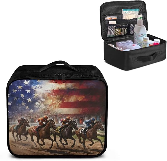Rnyleeg USA Flag Horse First Aid Kit Travel Large Capacity Design Medicine Supply Organizer Bag for Home, Office, Car, Outdoor, Boat, Camping, Hiking