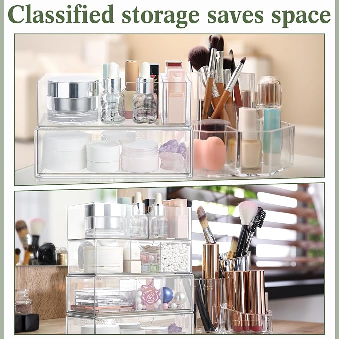 CroBlissful Medicine Cabinet Organizer 4 Tier Stackable Makeup Organizer Tray with 2 Drawers 2 Storage Box 1 Lip Gloss Holders and 1 Movable Partition for Bathroom Cabinet Wall Vanity