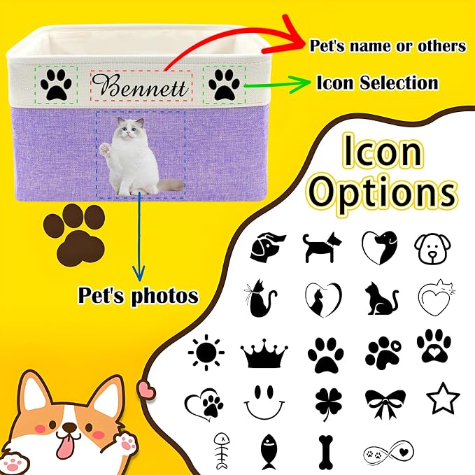 Personalized Dog Cat Toy Storage Basket with Handles Custom Pet Name & Photo Collapsible Organizer Bin Customized Storage Box for Pet Supplies