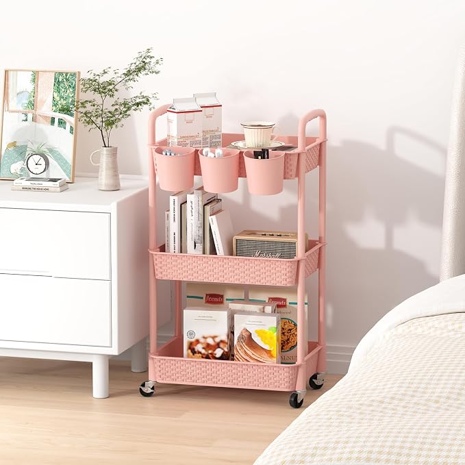 MOYIPIN 3-Tier Plastic Rolling Utility Cart with Handle,Pink | Utility Storage Cart for Office, Living Room, Kitchen,Movable Storage Organizer，Easy installation，Rattan-like art design