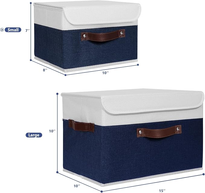 ANMINY Fabric Storage Box Bins with Lids, Blue White, 10"x8"x7" | Keepsake Memory Storage, Cotton Linen, PP Board Reinforced, Washable, PU Handles, Foldable & Stackable, Decorative, Small