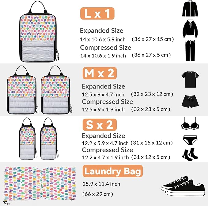 Love Hearts 6 Set Compression Packing Cubes Cute Hearts Expandable Packing Organizer for Travel Accessories Luggage Suitcase Bag
