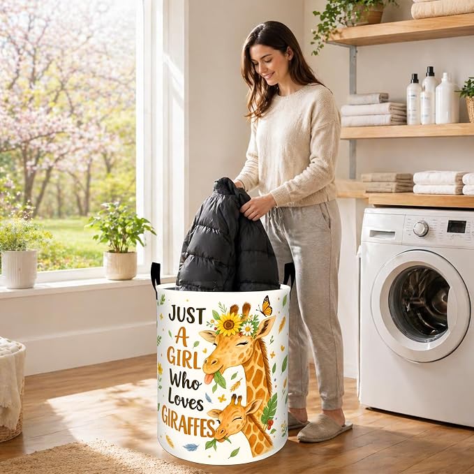 Cute Giraffe Laundry Basket, Safari Animal Leaf Flower Oxford Cloth Dirty Clothes Collapsible Hamper for Room Decor, Wildlife Gifts, Toy Organizer 19.7 x 15.7 Inches for Bedroom Bathroom Dorm