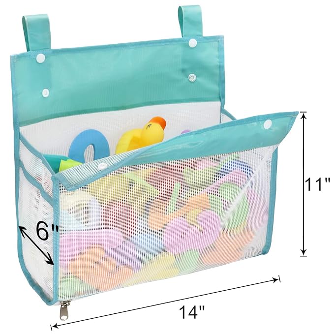 Muchfun Bath Toy Organizer Multiple Ways to Hang | Extra Large Opening Bathroom Toy Holder, Bottom Zipper Bathtub Toy Storage Bag (Blue)