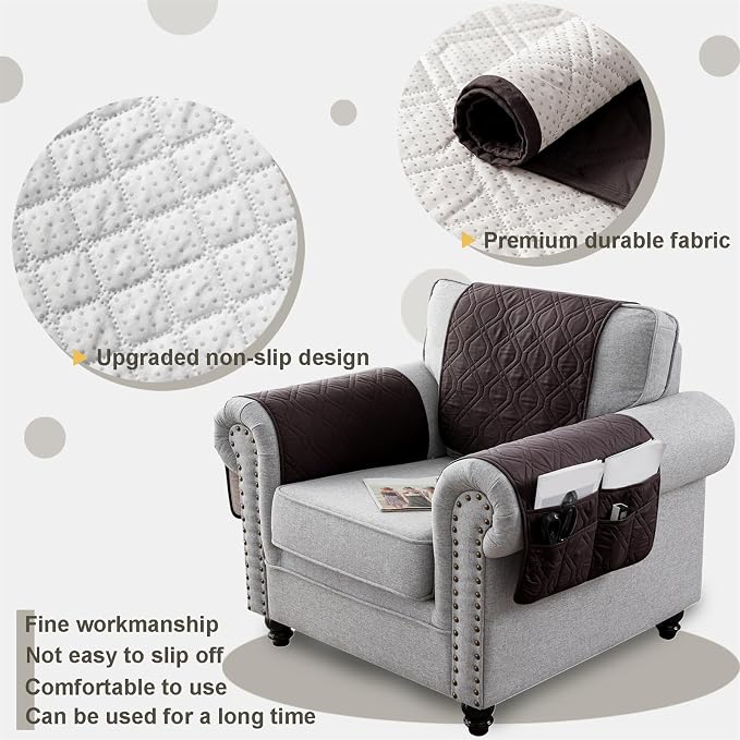 Recliner Armrest Cover with Headrest, Chair Armrest Slipcover with Side Pockets, Water-Resistant, Non Slip Furniture Protector for Pets (Chocolate,2 Seater 4PCS)