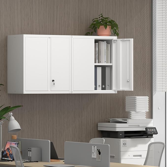 Metal Wall Cabinets, Kitchen Wall Hanging Cabinet, Locking Steel Storage Cabinets with Adjustable Shelves and Locking Doors, Wall Mount Tool Cabinet for Garage, Home, White