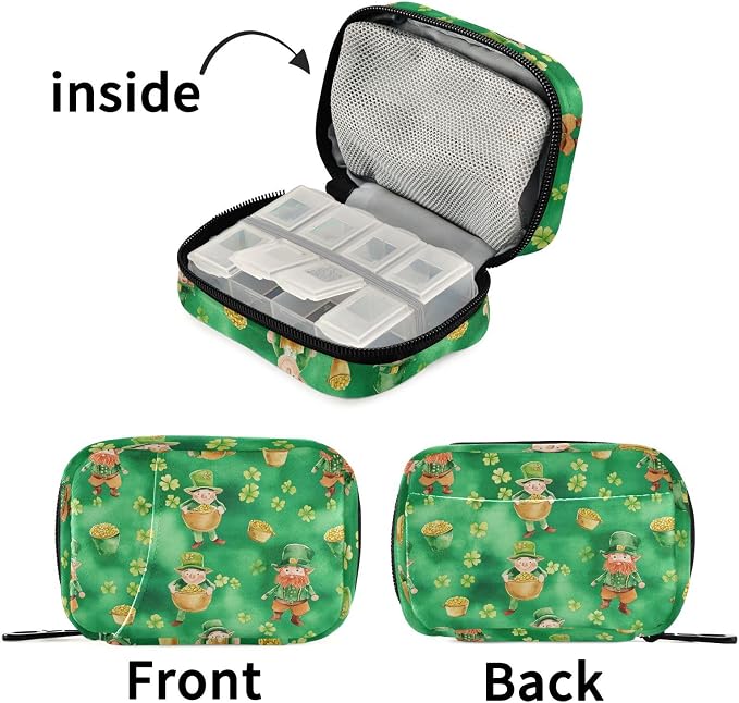 Fustylead Leprechauns and Pots of Gold on Green Background Travel Pill Organizer Bag with Zipper Small Pill Box 7 Day Pill Case for Purse Storage Weekly Vitamin Medicine Supplement