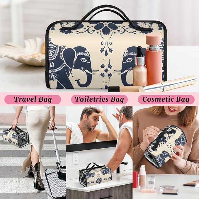 Elephant Makeup Bag for Women Hanging Roll-Up Travel Organizer Toiletry Kit with 4 Removable Compartments, Animal Print