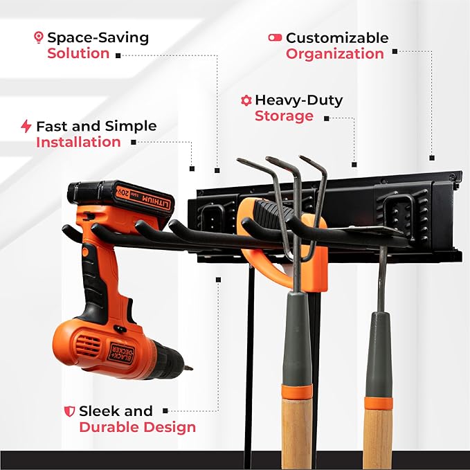 TIDYME Garage Tool Organizer Wall Mount, 80", 5 Racks 10 Hooks, 500 lbs | 500 lbs, anti-rust carbon steel, garden tool organizer & storage rack for garage organization, shovels, rakes & tools