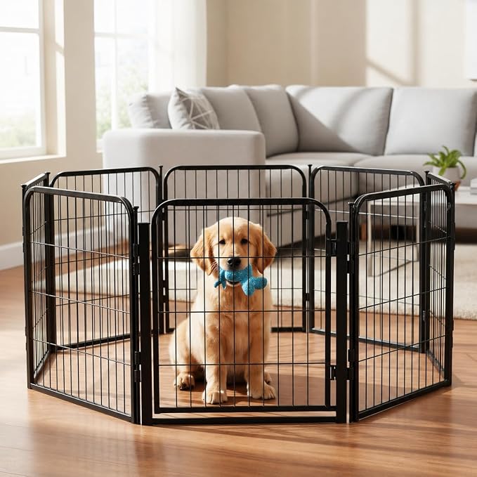 Dog Play Pen for Indoor Use - 32'', 24 Panels for Small and Medium Size Dogs - Metal Heavy Duty Pet Fence with Anti-Slip Feet - Portable Black Playpen Kennel for House or Garage
