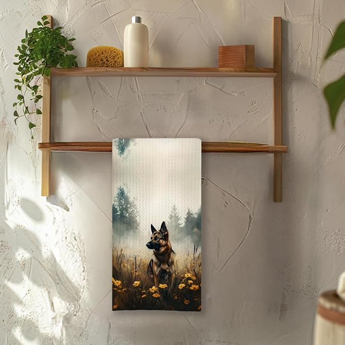 Chicimln Forest Wildflower German Shepherd Dog Kitchen Towels, German Shepherd Gifts Decorative Hand Towels for Bathroom, Dog Lover Gifts Dish Tea Towel Drying Cloth for Kitchen, 16x24 Inch