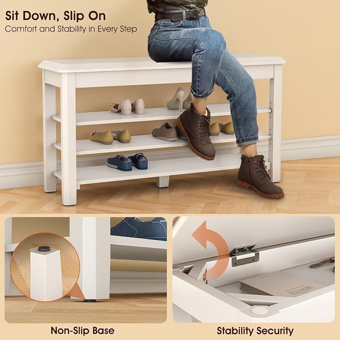IUNVR Shoe Rack Bench Seat Rubberwood 3-Tier Wooden Storage Bench 550lbs Compact Mid-Century Modern Design for Entryway, Hallway, Closet, Front Door Entrance, Foyer