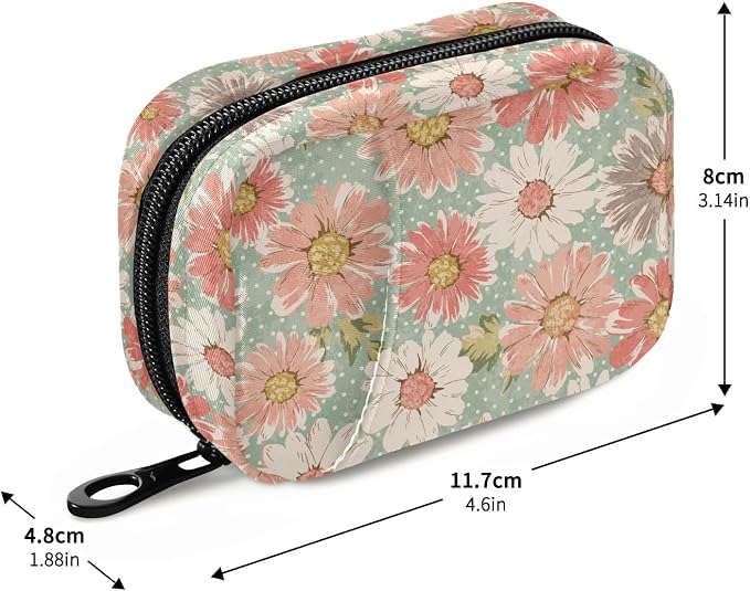 Pill Organizer Vintage Flower Daisy Pill Box 7 Day Pill Case Bag Travel Pill Organizer Bag with Zipper Portable Weekly Case Compact Size for Vitamin Supplement Holder