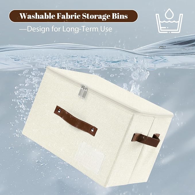 ANMINY Storage Box Fabric Bins with Zipper Lid, 17.7"x13.8"x10" Beige | Keepsake Box, Decorative, Cotton Linen, Reinforced PP Board Frame, Washable, Stackable & Foldable, Label Holder & PU Handles