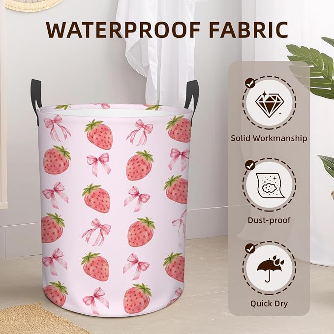 Strawberry Laundry Hamper, Waterproof Laundry Basket for Bedroom, 43L Collapsible Round Storage Bin with Handles for Toys, Storage Basket for Boys Girls, Strawberry Bathroom Decor 13.8x17.7 in