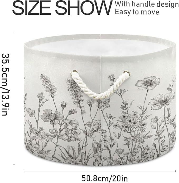 DOMIKING Large Storage Basket for Toys Floral Flower White Storage Bin Box Organizer Basket for Nursery Laundry Hamper Books Home Decor