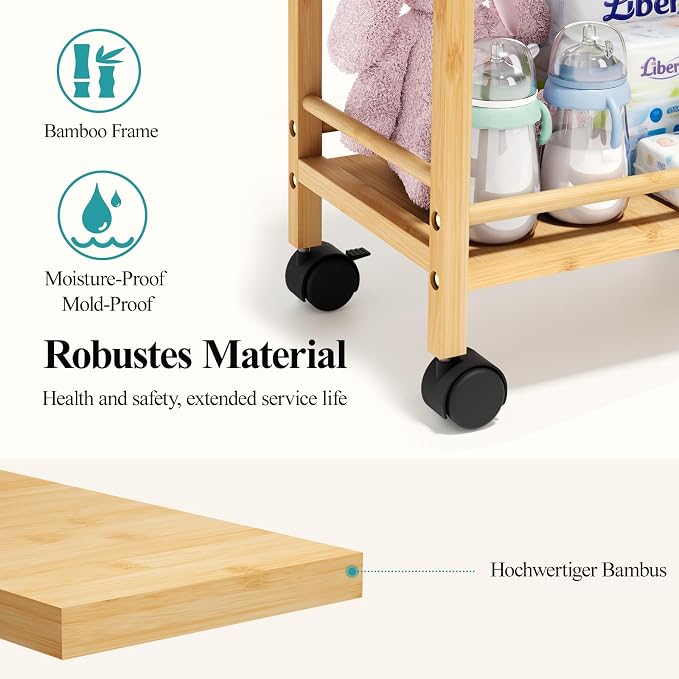 Bamboo Diaper Caddy Cart with Wheels - 3-Tier Rolling Storage，Beige | Removable bins, side pockets, sturdy handle, smooth wheels. For nursery, living room, laundry, pet. Natural bamboo, versatile
