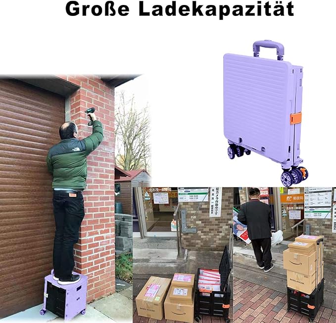 Foldable Utility Cart Folding Portable Rolling Crate Handcart Shopping Trolley Wheel Box with Lid Wear-Resistant Noiseless 360°Rotate Wheel for Travel Shopping Moving Storage Office Use (Purple)