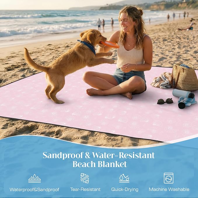 OIGAE Beach Blanket Waterproof Sandproof Oversized Beach Mat | Picnic Mat with Stakes, Storage Bag - Essentials for Outdoor Beach, Picnic,Quick-Dry Lightweight,Windproof Pockets