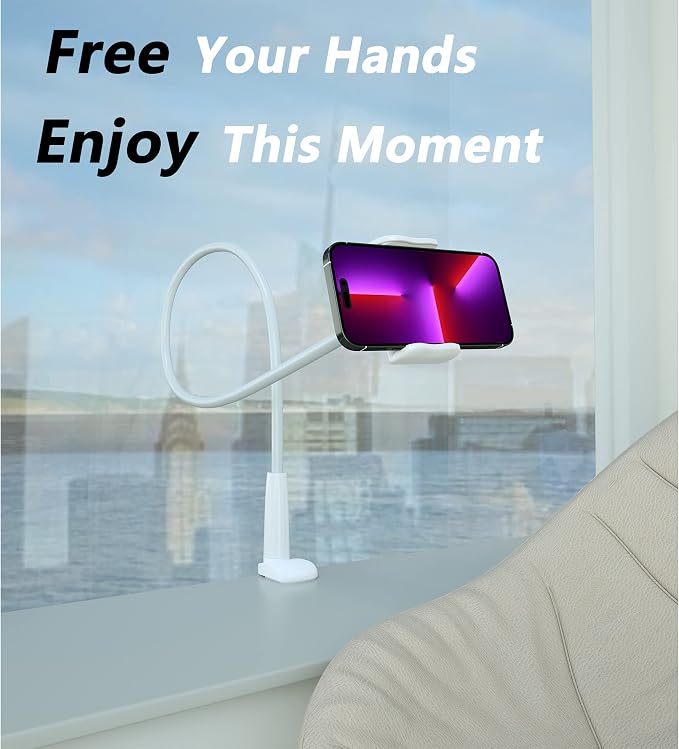 Gooseneck Phone Holder for Bed, Flexible Overhead Cell Phone Mount for Desk, Hands-Free Viewing Clamp Stand Compatible with iPhone 17 16 15 Pro Max and 3.5-7" Devices, White