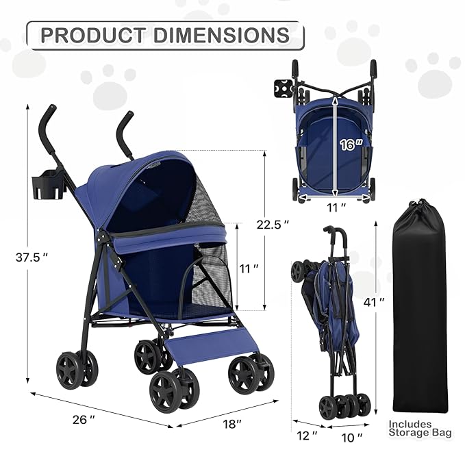 MoNiBloom Pet Stroller for Small/Medium Dogs & Cats Holds 22 lbs, Navy Blue | Foladble 4 Wheels Easy-Fold Puppy Cage Jogger Stroller with Sun Cover, Pad and Rear Storage Bag, Breathable and Visible Mesh