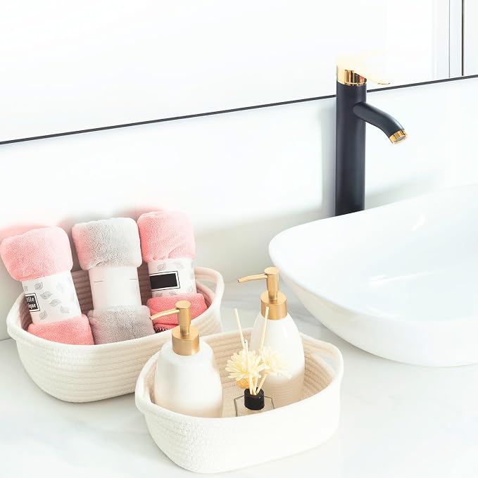5-Piece Small Decorative Woven Storage Baskets Set for Shelves, Bathroom, Pantry and Nightstand Organizer, Catch All Tray for Organizing Gifts, Dog and Cat Toys, Creamy White