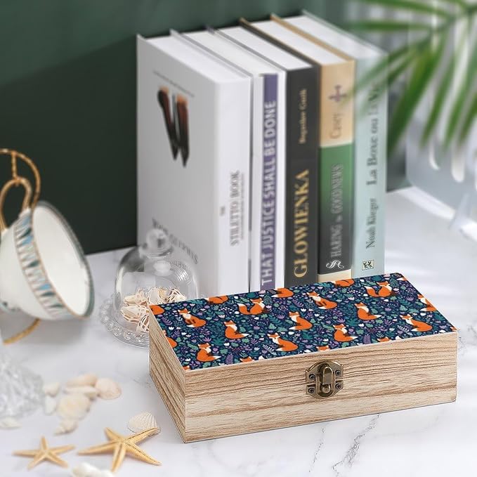 Wooden Keepsake Memory Box with Lid, Gift Organizer Case, Fox Decorative | Jewelry Storage Container, Birthday Party Favor Decor, 9.2x5.5x3.9 Inch