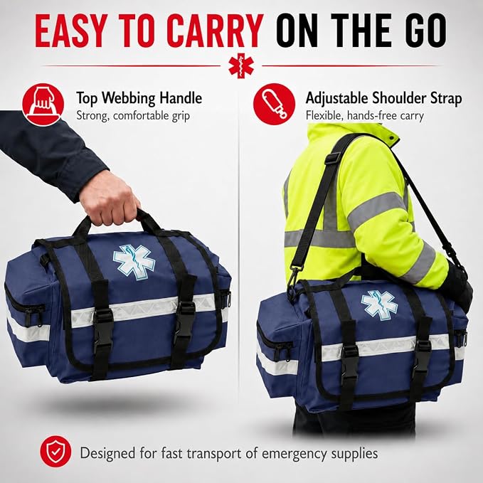 NOVAMEDIC NM-RO63P Professional First Responder Bag, 17” x 9” x 7” Empty EMT Trauma Kit Carrier with Removable Dividers, Reflective Strips, Water-Resistant Base for Emergency Medical Supplies (Blue)