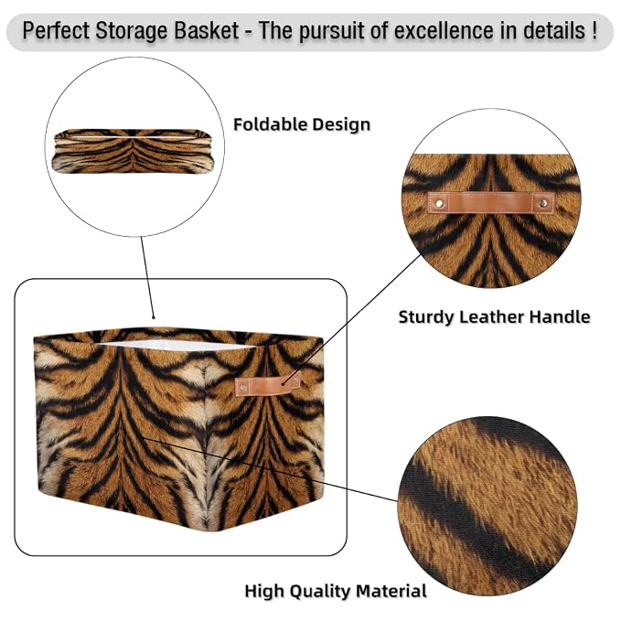 AUUXVA SEULIFE Animal Tiger Leopard Print Foldable Storage Basket, Large Collapsible Organizer Storage Bin Cube Toys Storage Boxes with Handles for Bathroom Kids Nursery Closet Storage, 2 Pack
