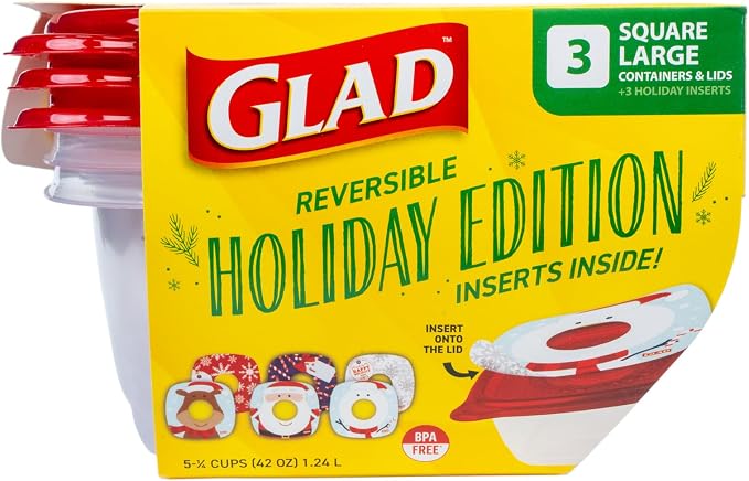 Glad GladWare Holiday Food Storage Containers, Large Square, 42 Oz, 3 Count | BPA-free plastic, reversible gift tags included, microwave, freezer, and dishwasher safe, 42 oz, gifting
