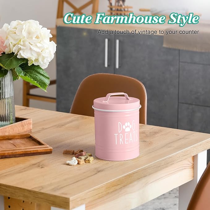OUTNILI Pink Small Dog Treat Container Airtight - 6" Tall X 4.9" Round Pink Dog Treat Jar for Kitchen Counter - Rustic Treat Storage Canister for Dogs, Cats, Small Animals - Gifts for Pet Owners