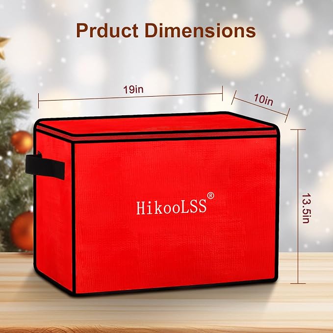 HikooLSS Christmas Ornament Storage Box - Stores up to 72 Holiday Ornaments | With Adjustable Dividers,Covered Top and Two Handles,Double Zipper. PE Material Keeps Holiday Ornaments Clean and Dry (Red)