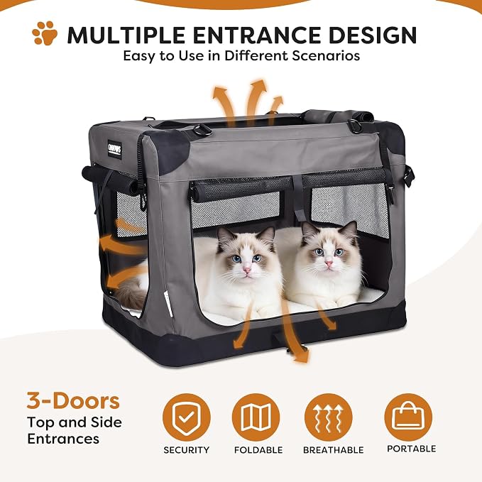 Jespet 3 Door Soft Dog Crates Kennel for Pets, Folding Travel Pet Carrier | 3 Mesh Doors 27'' Dog House, Locking Zipper, Easy to Install, Steel Frame, Removable Crate Pad, For Indoor & Outdoor Use