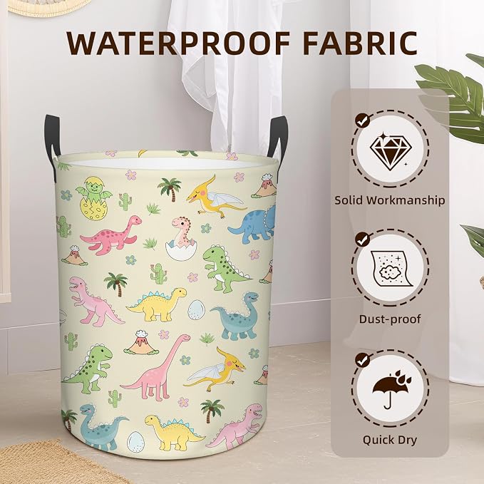 Dinosaur Laundry Hamper, Waterproof Laundry Basket for Bedroom, Baby Round Collapsible Nursery Hamper Storage Bin with Handles for Toys, Storage Basket for Boy Girls Boys, Room Decor, 13.8x17.7 in