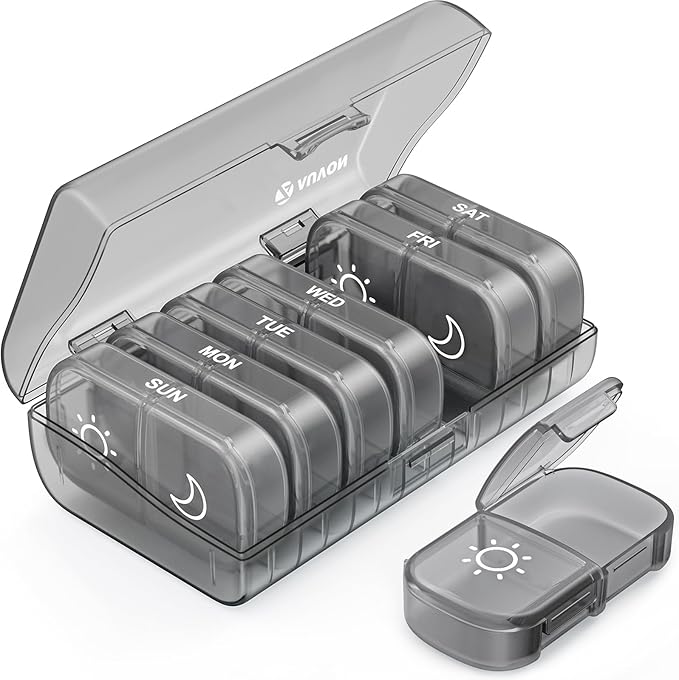 AUVON XL Weekly Pill Organizer 2 Times a Day, Pill Box 7 Day with One-Side Large Openings for Easy to Use, Gray AM PM Pill Case for Medication, Vitamins, Fish Oils, Supplements | AM PM Pill Case, XL Pill Box 7 Day, Travel Medication Organizer for Medic...