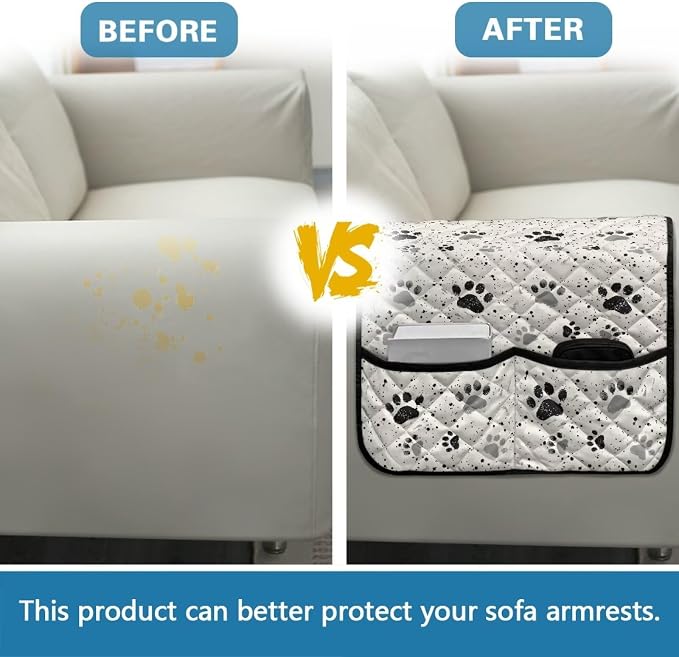 Dog Paw Chair Arm Protectors with Two Pockets Stretch Couch Armrest Cover,Arm Rest Covers for Sofa,Dustproof Soft Armchair Covers for Arms Wasahble Sofa Arm Slipcover
