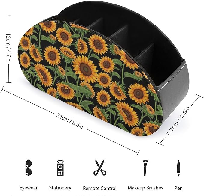 Leather Remote Control Holder Giant Sunflower Black Office Desk Organizer | with 5 Compartments, Giant Sunflower Black Caddy Storage Box for TV Remotes, Media Controllers, Makeup Brush