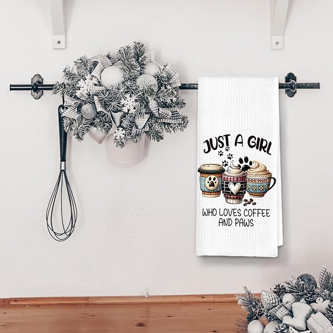 Kitchen Towels Dish Towel Tea Towels, Hand Towel Coffee Decor Gifts for Women Dog Mom, Just A Girl Who Loves Coffee and Paws 16x24 Inch
