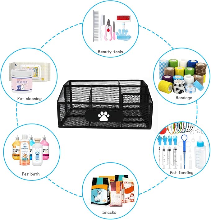 Pet Supplies Organizer Basket, Dog Waste Bag Holder and Grooming Storage Bin for Water Bottles, Nursing Bottles, Cleaning Supplies, Brushes, Combs and Pet Care Accessories