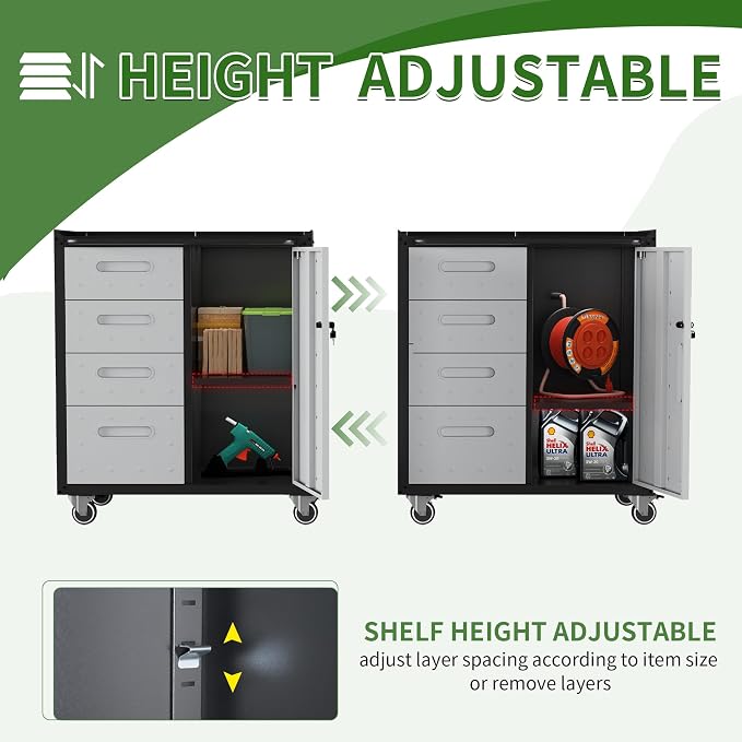 Metal Garage Storage Cabinet System,5 Pcs Workshop Tool Cabinet Set in Gray | Including 2 Pcs Wall Cabinets 3 Pcs Garage Tool Cabinets with Wheels,Assembly Required