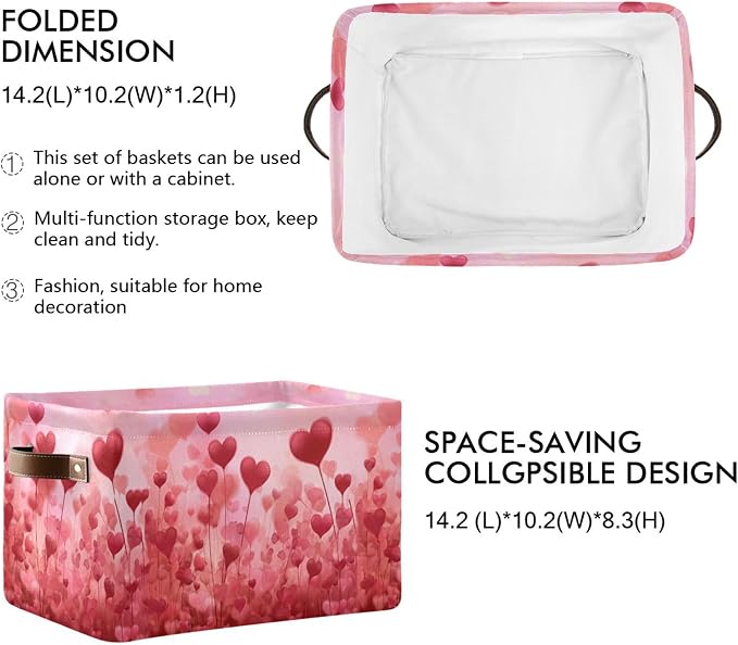 Wamika Happy Valentine’s Day Pink Storage Basket with Waterproof Liner and PU Handles Love Trees Heart Flowers Red Storage Boxes 14.2" Collapsible Decorative Baskets for Bedroom Closet Office 2 Pack