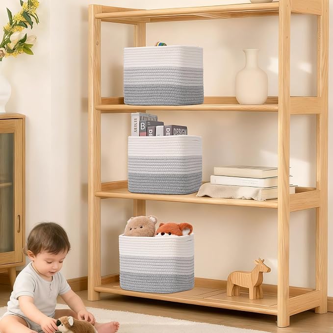 3 Pack Cube Storage Bin, 9”x9”x7” Cotton Rope Woven Baskets for Organizing Toys Clothes Towels, Square Gift Storage Baskets for Shelves, Nursery, Closet, Bathroom, Pantry (Gradient Grey)