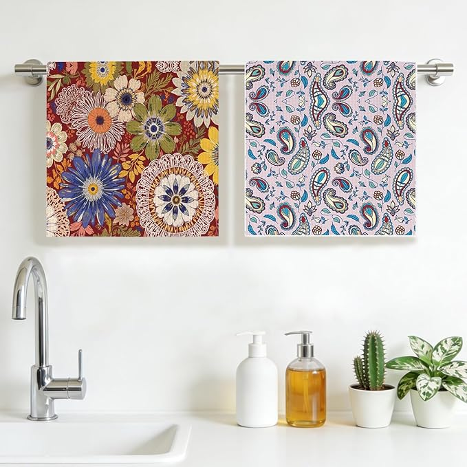 2PCS Vintage Boho Floral Kitchen Towels 14x24 Inch, Absorbent Microfiber Decorative Dish Cloth Tea Towel, Retro Colorful Flower Dish Tea Towels Drying Cloth for Kitchen, Housewarming Gifts for Women01