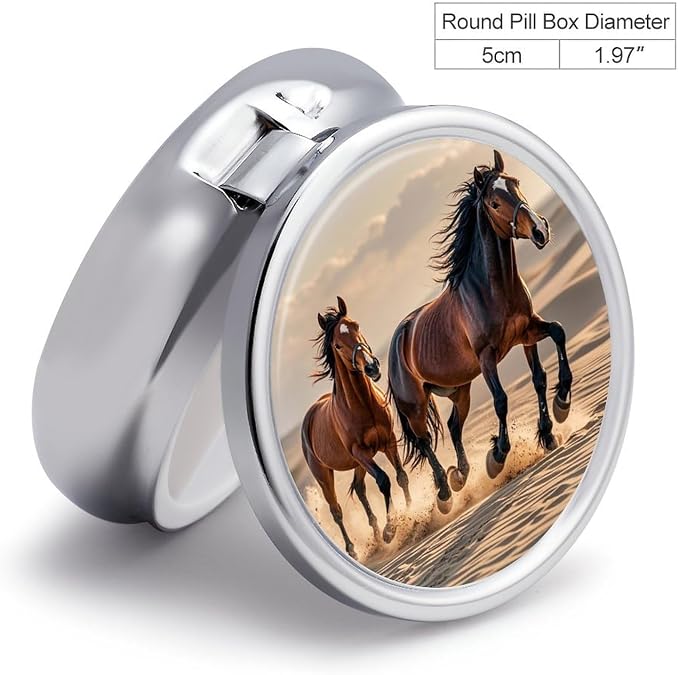 3 Compartment Medicine Pill Case, Horses Running in The Sand Round Pill Box, Portable Decorative Medicine Organizer for Pocket Or Purse Vitamin Organize