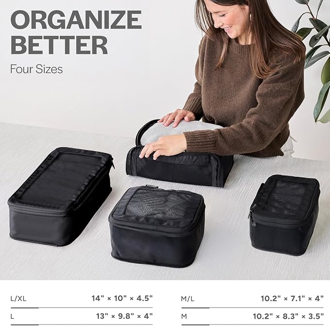 Compression Packing Cubes for Travel, 4-Pack, Black | Solves overpacking, 4-Piece set fits most carry-ons, 50% Space savings, Compression luggage organizer bags